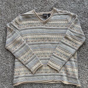Guide Series Beige and Blue V-Neck Fair Isle Sweater